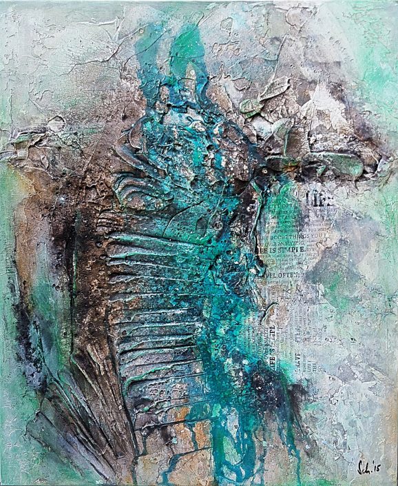 Ursula Schmidt - Abstrakte Malerei - Strukturbild - Collage - Sumpfkalk, Marmormehl, Beize, Pigmente 50 x 60 cm