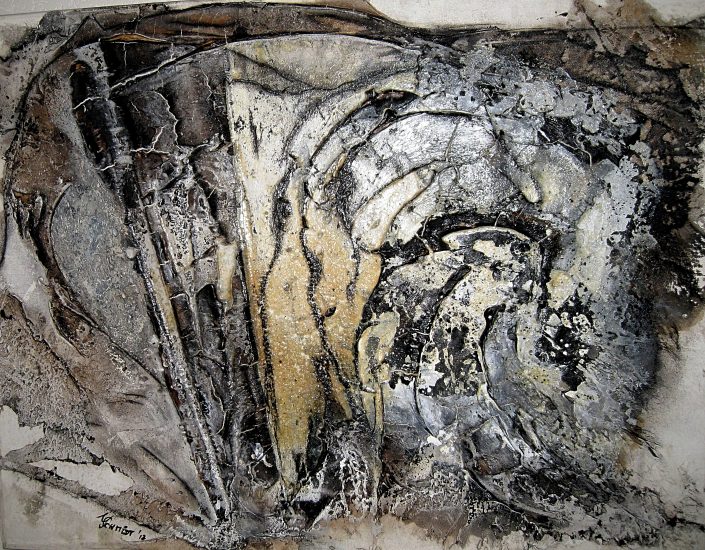 Ursula Schmidt - Abstrakte Malerei - Strukturbild - Grisaille - Marmormehl, Öle, Pigmente 90 x 70 cm